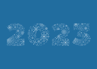 Horizontal background with a silhouette of the numbers 2023 made of white snowflakes on a blue background. Isolated vector design. The inscription is in a flat minimalist style.