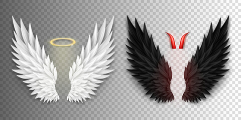 3D white angel wings with golden nimbus, halo and black devil wings with red daemon horns isolated on transparent background. Realistic festival, carnival costume. Fantasy, religion concept.