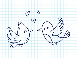 Set of cute hand-drawn doodle elements about love. Message stickers for apps. Icons for Valentines Day, romantic events and wedding. A checkered notebook. Two birds in love are flying with hearts.