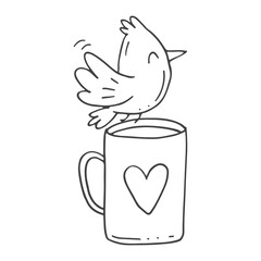 Set of cute hand-drawn doodle elements about love. Message stickers for apps. Icons for Valentines Day, romantic events and wedding. A bird and a cup with a heart.