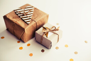 Birthday background with festive decorations,cones, glasses and present gift