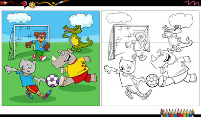 Fototapeta na wymiar comic animals group playing soccer coloring page