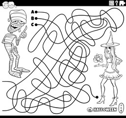 maze with cartoon mummy and witch on Halloween coloring page