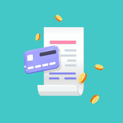 3d  vector invoice bill with gold coins online pay with credit card design. Realistic render online shopping secure system, restaurant payment,business finance concept. Isolated on white background.