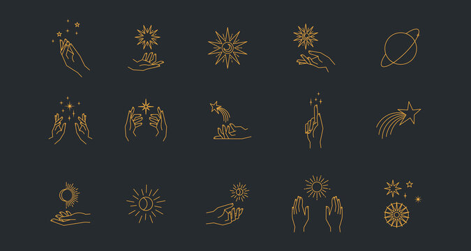 Aesthetic Astral Hands. Collection Of Cosmic And Celestial Elements With Sun, Moon And Stars. Isolated Editable Linear Vectors.