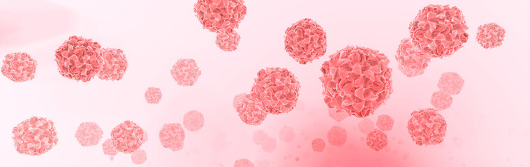 Polio virus particles with capsid proteins. Poliomyelitis is a disease caused by the Poliovirus. CGI conceptual illustration, red on white background.