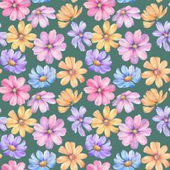 Seamless botanical pattern. Abstract floral ornament for design. Bright flowers collected in a seamless pattern.