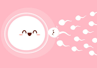 Cute happy funny sperm cell and Ovum. Vector flat line cartoon. illustration. Fertilization concept.
