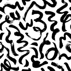 Seamless pattern with chaotic curly lines. Messy doodles, bold curvy lines ornament. Hand drawn monochrome vector pattern. Black grunge brush strokes, swirls, bold curls. Chaotic scribbles.