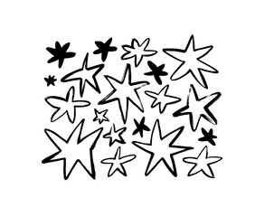 Vector collection of star shapes. Hand drawn doodle style, thin brush strokes and silhouettes. Star clip arts for Christmas and Birthday. Hand drawn vector ink illustrations isolated on white. 