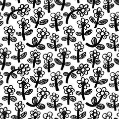 Seamless pattern with cartoon flowers. Hand-drawn bold brush style. Abstract black geometric flowers, stylized chamomiles with bold stem and decorative leaves. Botanical ornament in retro style.
