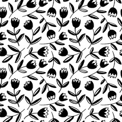 Spring and Easter flowers seamless pattern. Hand-drawn black tulips with buds silhouettes. Abstract geometric retro flowers and leaves. Naive simple stylized style, cute floral motif. Vector ornament.