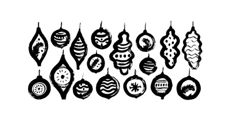 Set of hand drawn Christmas balls. Holiday ink illustrations isolated on white background. Christmas tree decorations, black vector baubles. Sketchy and naive style. Abstract New Year decorations. 