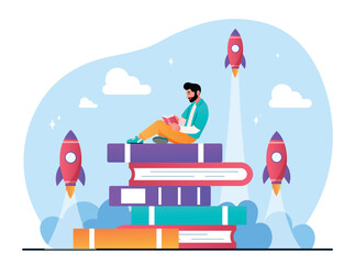 Man reading books. Love for literature, selfdevelopment and search for information, knowledge, useful hobby. Poster or banner for website for international holidays. Cartoon flat vector illustration
