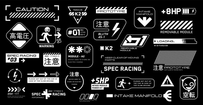 Cyberpunk motorsport decals set. Set of vector stickers and labels in futuristic style. Inscriptions and symbols, Japanese hieroglyphs for, attention, high voltage, warning, spec racing.	