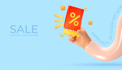 The hand holds a discount ticket with a percentage. Providing sale, gift ticket. Realistic 3d graphics. Vector illustration