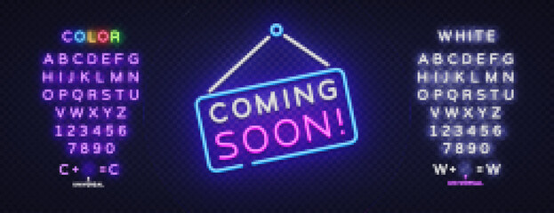 3d Neon Coming Soon for web promotion design. Isolated vector illustration