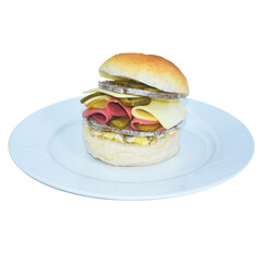 Sandwich with Roasted meat, Cheddar, Tomato, Salami, pickled cucumbers on white plate. png transparent