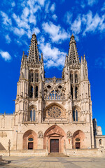 Burgos, Spain - August 8, 2022 - Façade of Burgos Cathedral