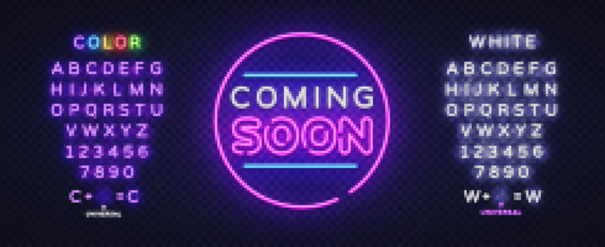 Neon Coming Soon for web marketing design. Business banner. Message notification. Neon glow background. Vector illustration