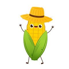 Corn cartoon vector. Cute vegetable vector character isolated on white. Corn mascot. Farmer hat. Peasant hat vector.