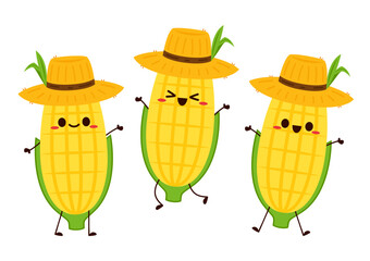 Corn cartoon vector. Cute vegetable vector character isolated on white. Corn mascot. Farmer hat. Peasant hat vector.