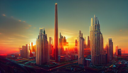 Fototapeta na wymiar City infrastructure 3d. Digitization of a large futuristic city with commercial skyscrapers. Architectural style of a big city. 3d rendering. Raster illustration.