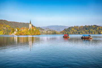 Splendid sunny day view of popular tourist destination  Bled lake.