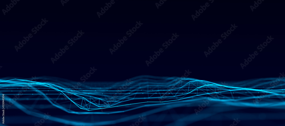 Poster Technology green wave with lines. Big data visualization. Analytics representation. Digital background. 3d rendering.