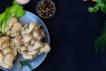 food on a plate.Fresh organic healthy oyster mushrooms with green parsley, garlic, black pepper and pink salt on a black background. Delicious oyster mushrooms on grey plate. Top view. copy space.