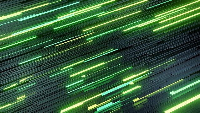 3d render. 3d abstract simple geometric background with green yellow rectangles like light bulbs flashing neon lights form wall. Creative simple motion design bg with 3d objects