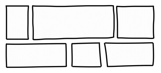 A series of horizontal comic strip panels, empty hand-drawn boxes, simple style, isolated.
