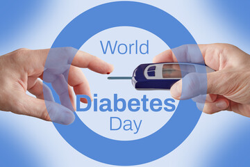 Taking a blood sample to measure glucose levels against the background of a blue ring, a symbol of world diabetes day