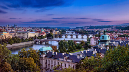 Prague's bridges panorama during twilight