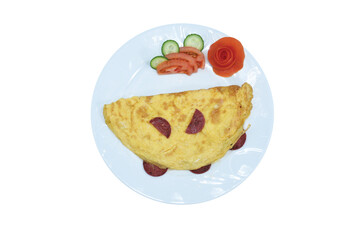 omelette with sausage served with cucumber and tomato on plate isolated, png