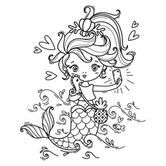 Cartoon cute mermaid with a pretty seahorse in her arms takes a selfie. Vector black and white coloring page. Illustration in childish style.