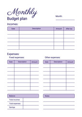 Monthly personal budget plan concept. Printable template, A4 format. Vector illustration on a white background.