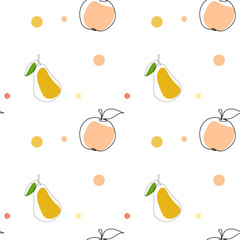 Seamless pattern with apple and pear on a white background.Line art style. Vector art