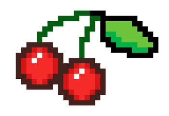 Obraz premium Pixel art: a pair of ripe red cherries, united by the stems, with a small leaf at the end; isolated. 