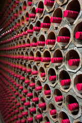 Archive of wines with red corks in a wine cellar in straight lines. Bela Krajina, Slovenia