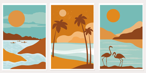 Fototapeta na wymiar A set of posters with natural landscapes for recreation and travel. Flamingos on the background of the sea, mountains, silhouettes of palm trees, the sun is shining. Vector graphics.