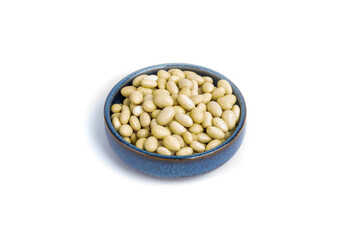 Canary or Mayocoba Beans in Blue Round Pottery Bowl Isolated on White Background