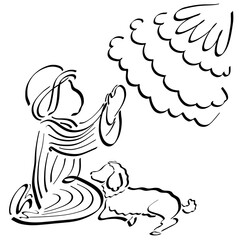 shepherd kneeling praying to God, next to a lamb, light from heaven, as a sign of the birth of the Savior, black outline