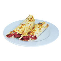 sausage, salami, cheddar cheese wrap and fried potatoes served on a white plate. Png, isolated, transparent