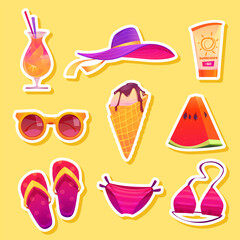 Vector collection of colorful summer stickers. Set of stickers, summer elements.