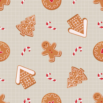 Christmas gingerbread cookies seamless pattern on a beige checkered background.