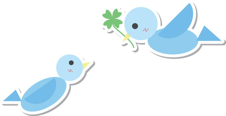 四つ葉のクローバーをプレゼントする青い鳥のステッカー(背景なし)