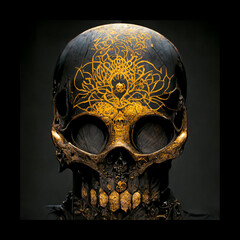 Black skull with gold details, leaves and flowers. Tortuous image. face of death Day of the dead cranes