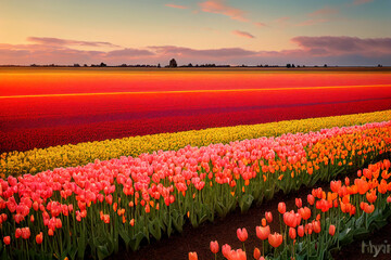 Blooming tulip fields. Bright spring floral background.
