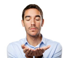 Close up of a pensive young man with hold gesture